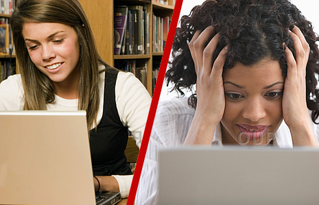 Smiling young woman on computer vs frustrated woman on computer