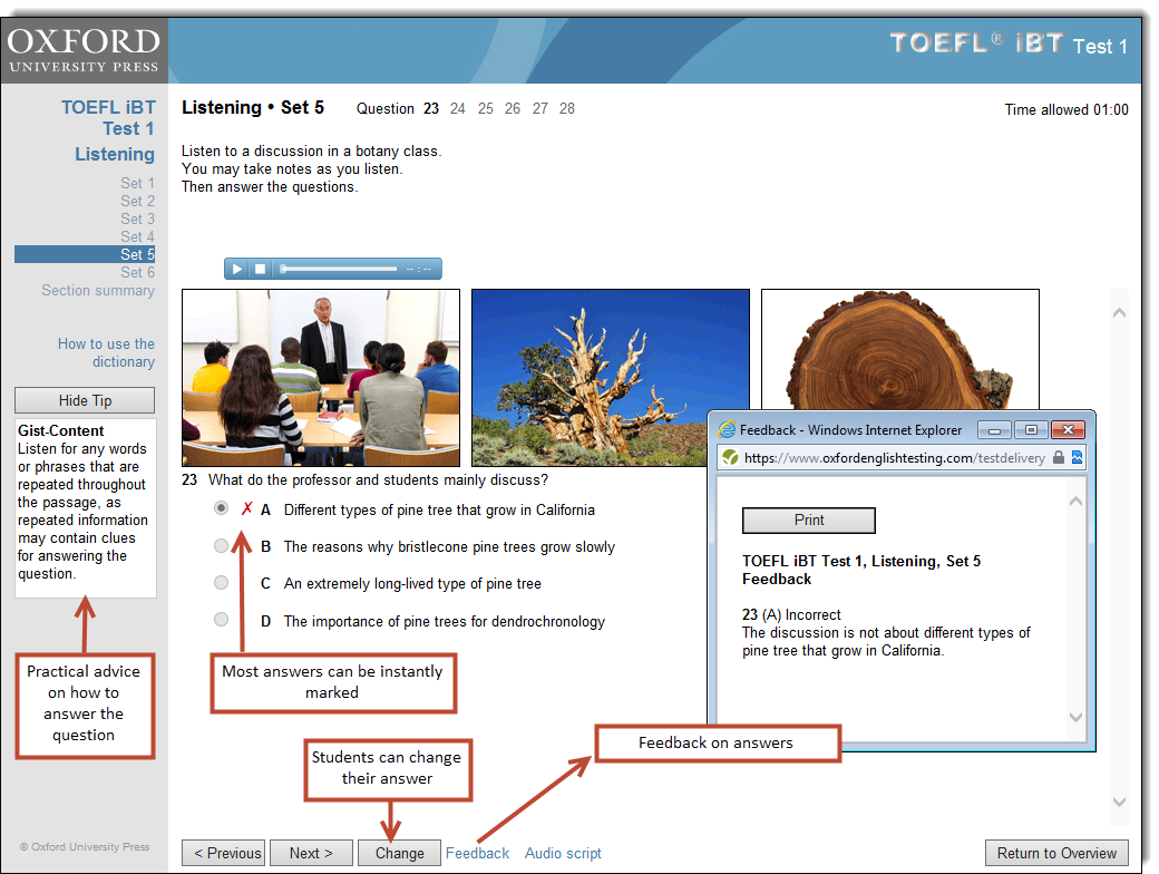 TOEFL iBT OPT support features