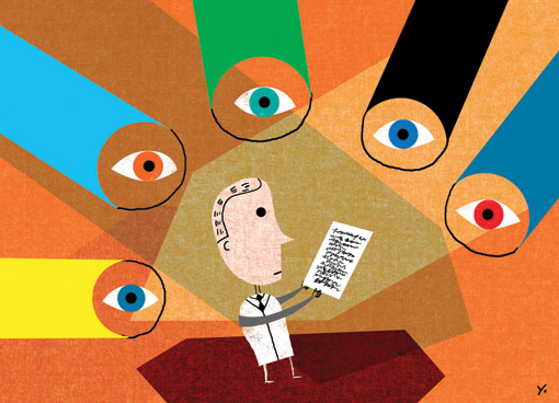 Illustration of lots of eyes looking at man holding paper