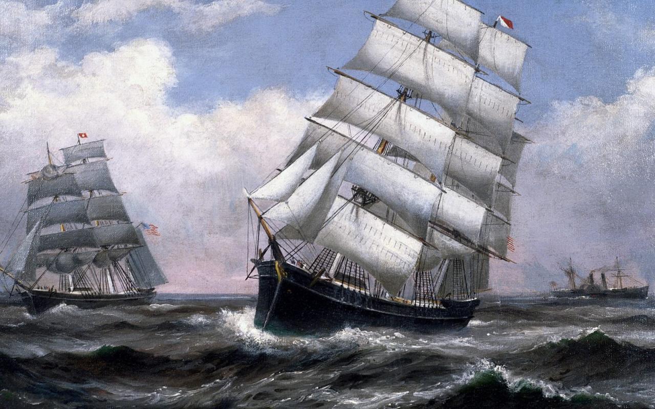 Oil painting of old naval ships
