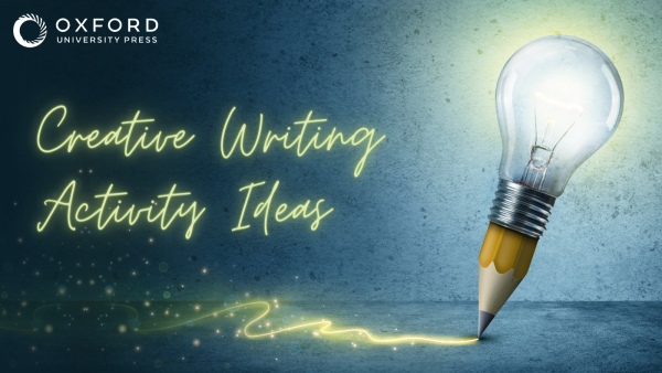 A pencil with a lightbulb on the end writing the words Creative Writing Activity Ideas