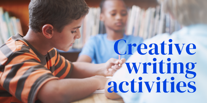 Young boy in class writing, with heading: Creative Writing Activities